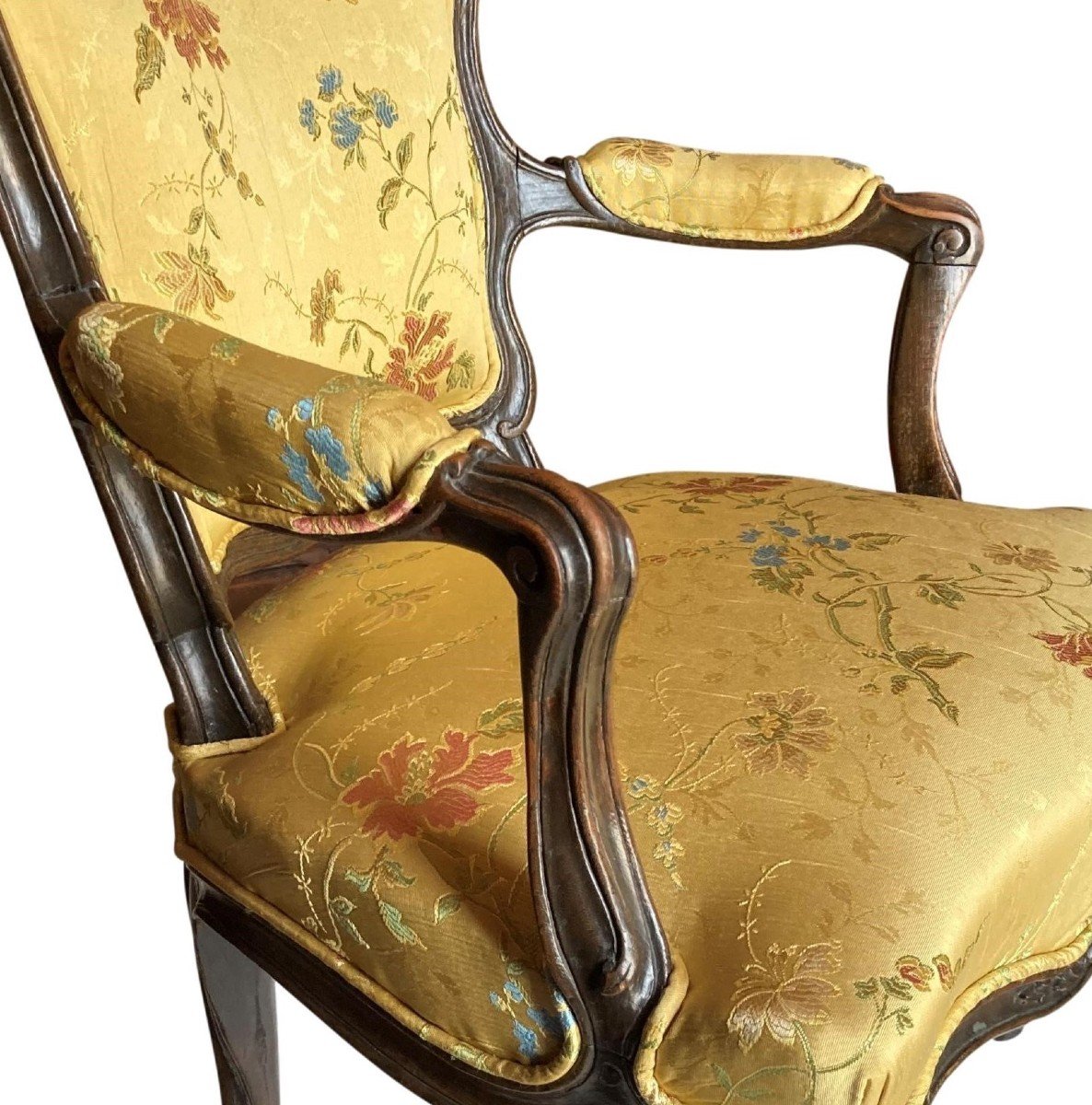 Paire De Fauteuils  Louis XV En Lampas de Soie Du XVIIIe Siècle-photo-4