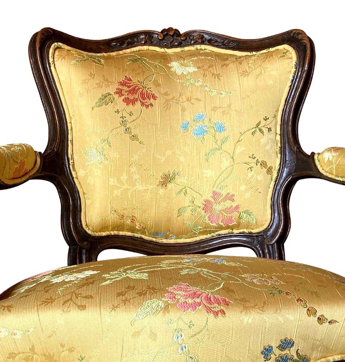 Paire De Fauteuils  Louis XV En Lampas de Soie Du XVIIIe Siècle-photo-3