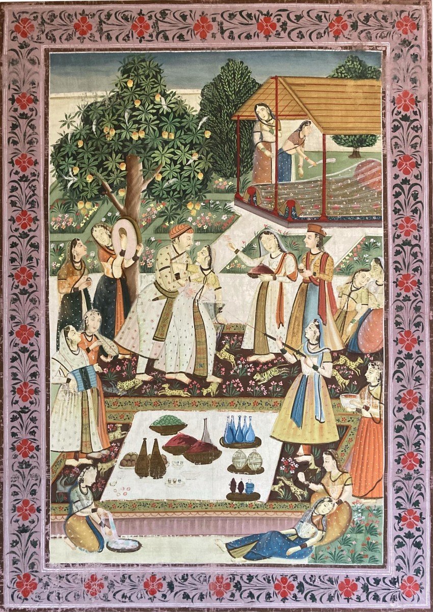 Large Indo-persian Gouache On Silk From The 19th Century-photo-4