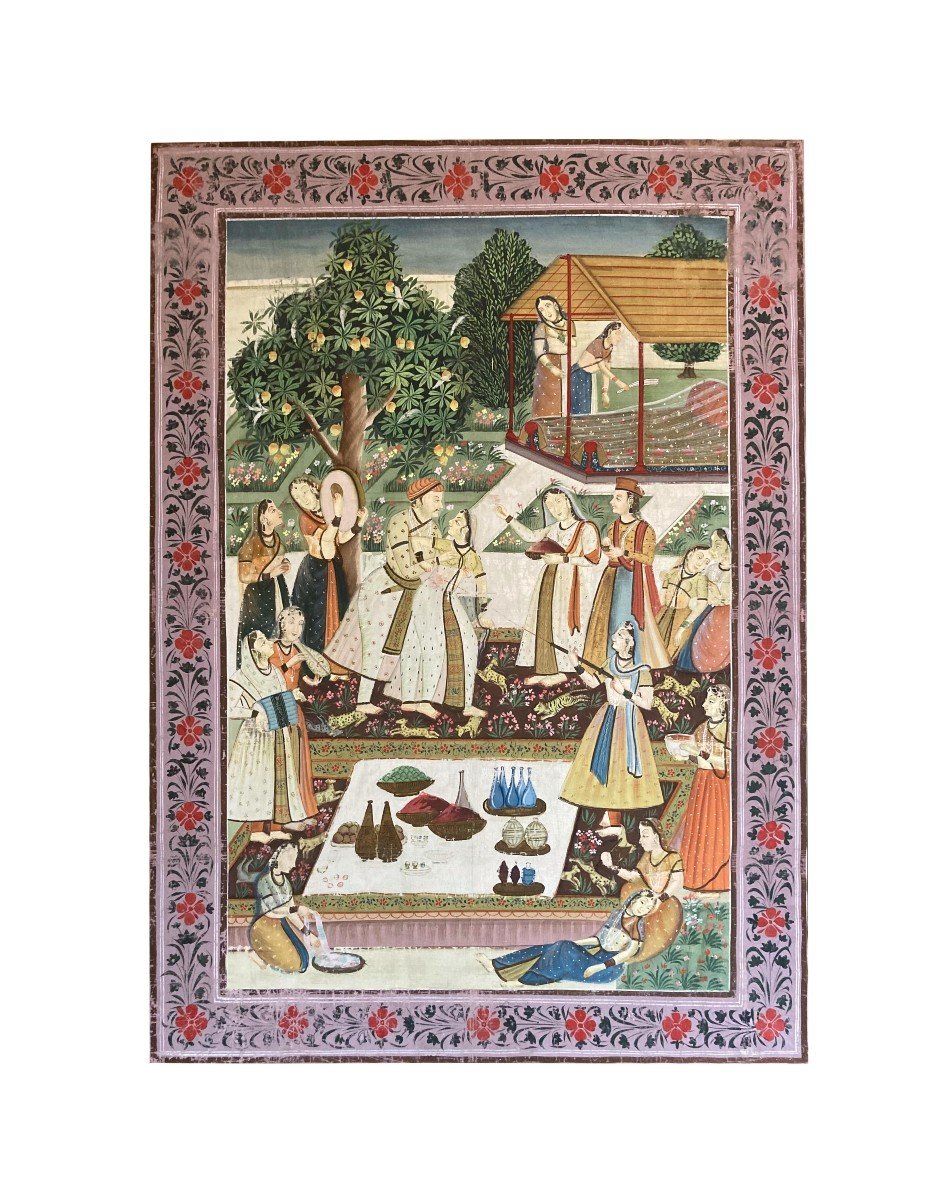 Large Indo-persian Gouache On Silk From The 19th Century