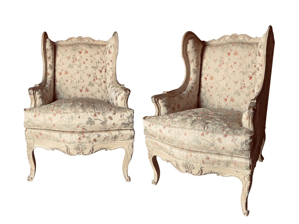 Pair Of Louis XV Period Confessional Armchairs In Silk Lampas-photo-2