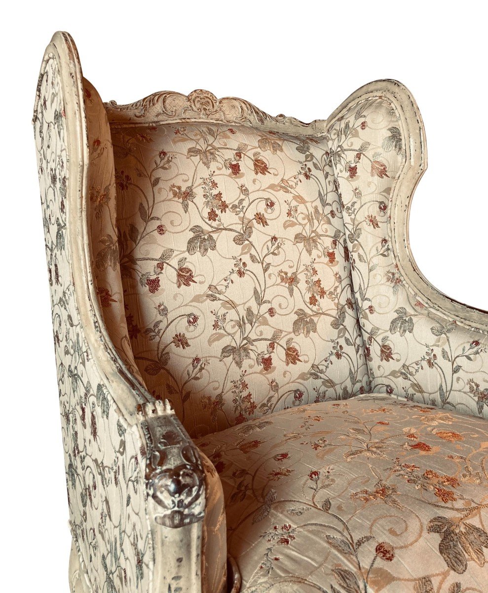 Pair Of Louis XV Period Confessional Armchairs In Silk Lampas-photo-2