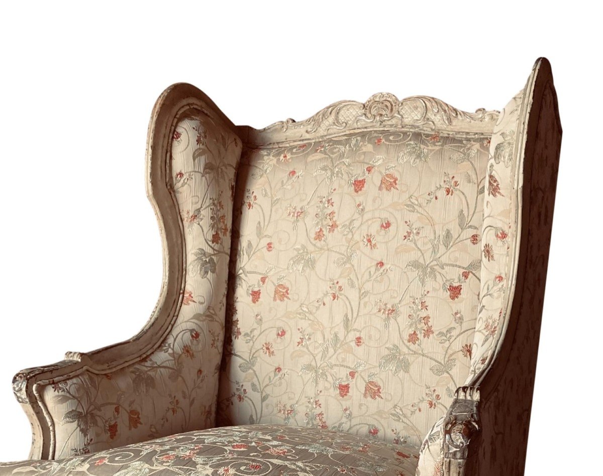 Pair Of Louis XV Period Confessional Armchairs In Silk Lampas-photo-5