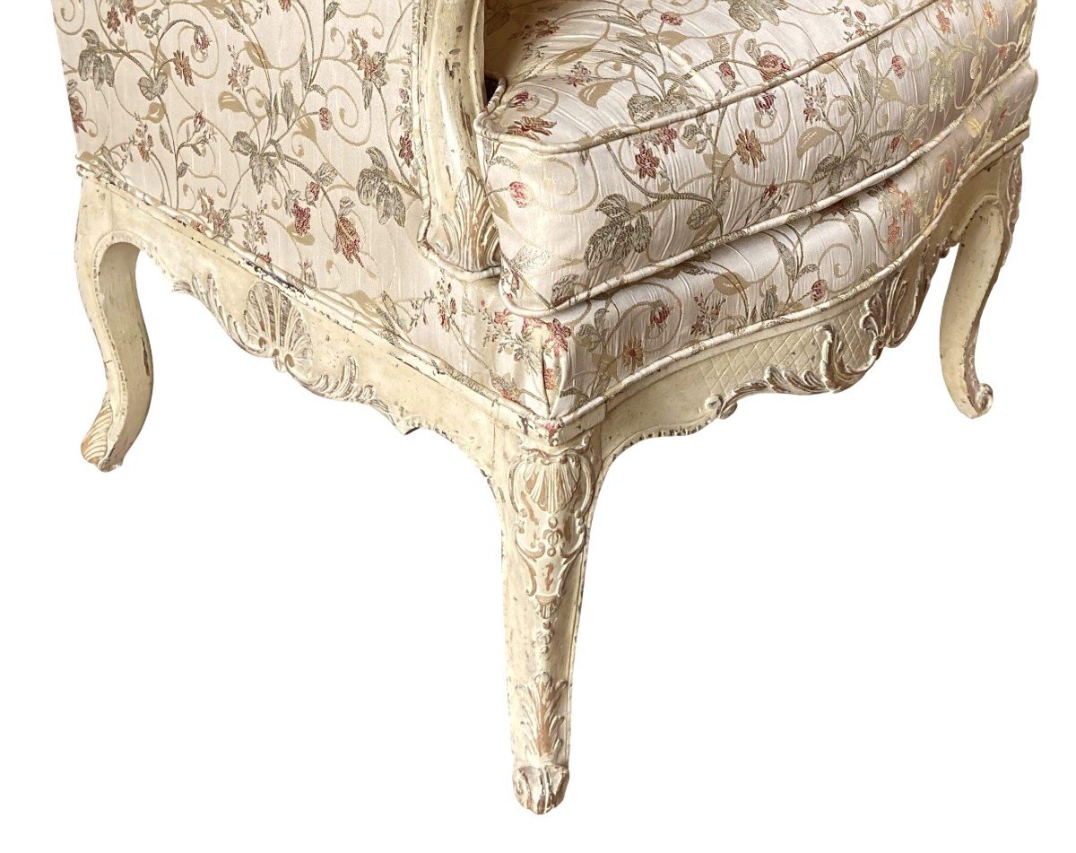 Pair Of Louis XV Period Confessional Armchairs In Silk Lampas-photo-4