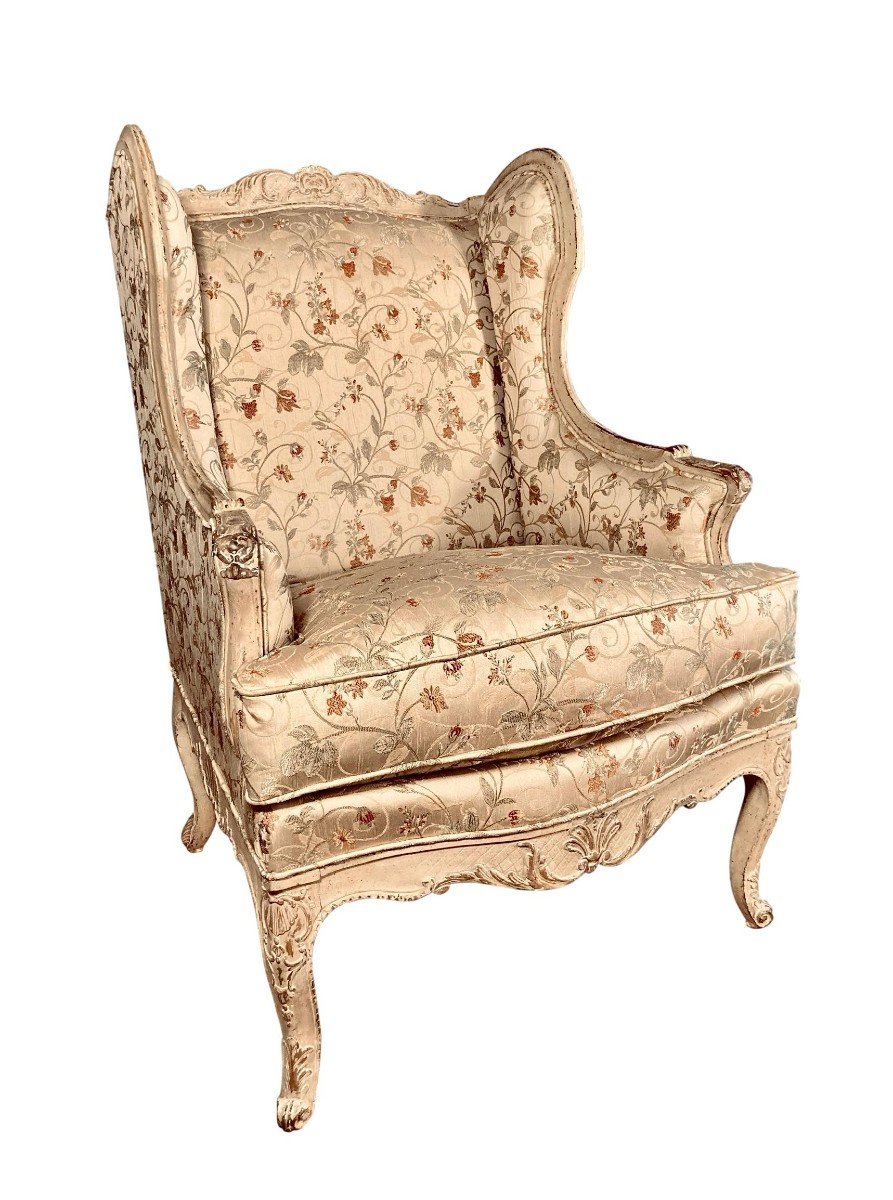 Pair Of Louis XV Period Confessional Armchairs In Silk Lampas-photo-8