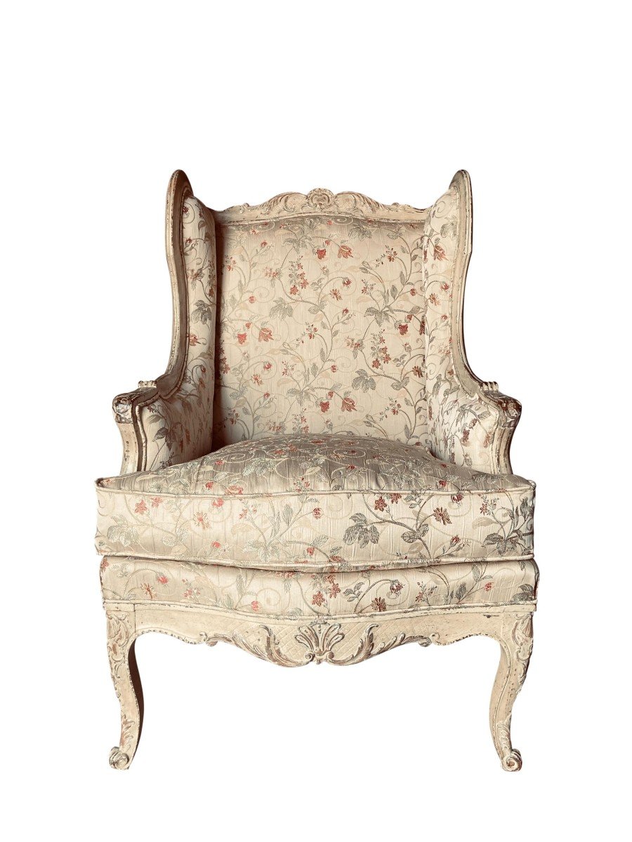 Pair Of Louis XV Period Confessional Armchairs In Silk Lampas-photo-1