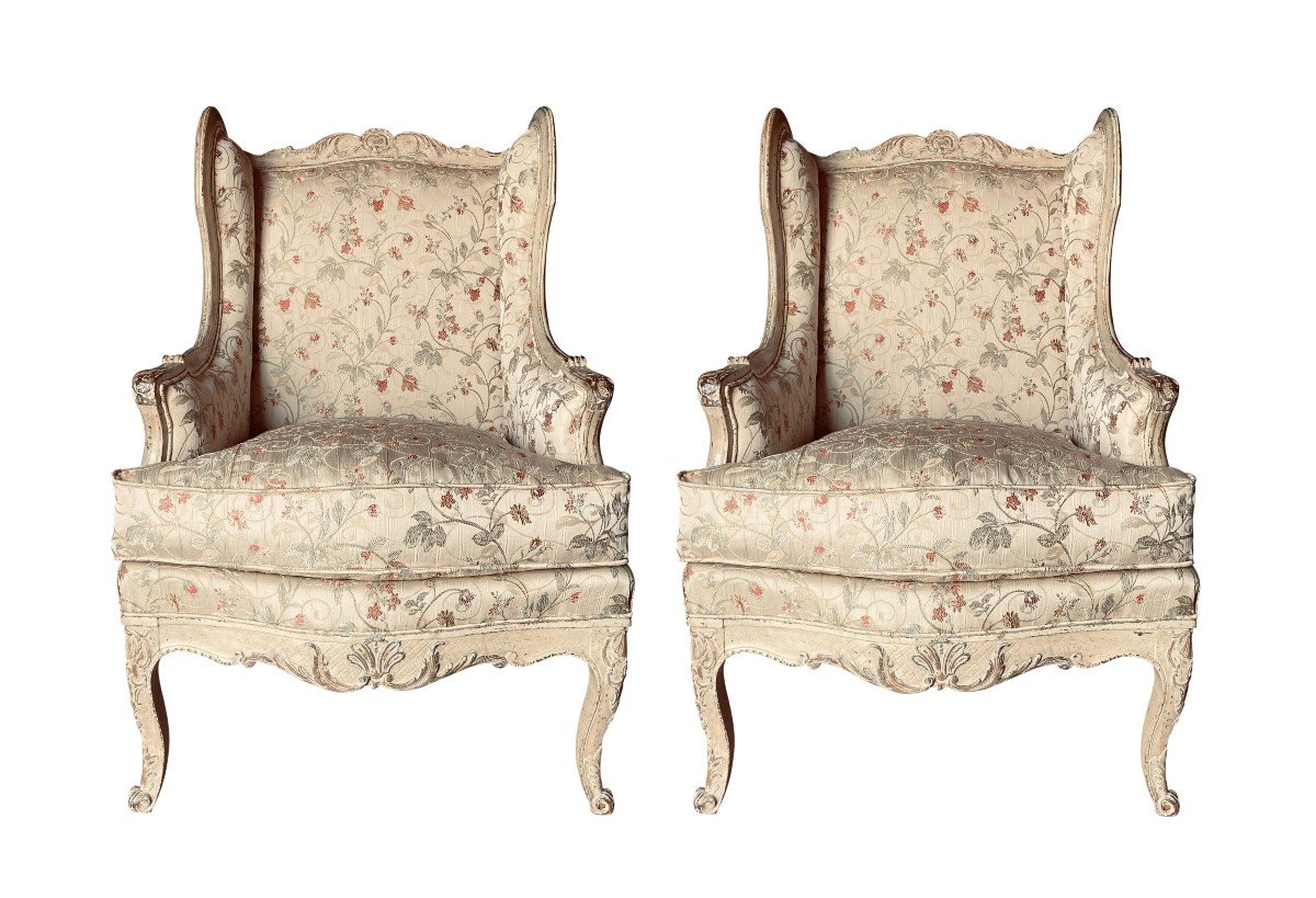 Pair Of Louis XV Period Confessional Armchairs In Silk Lampas