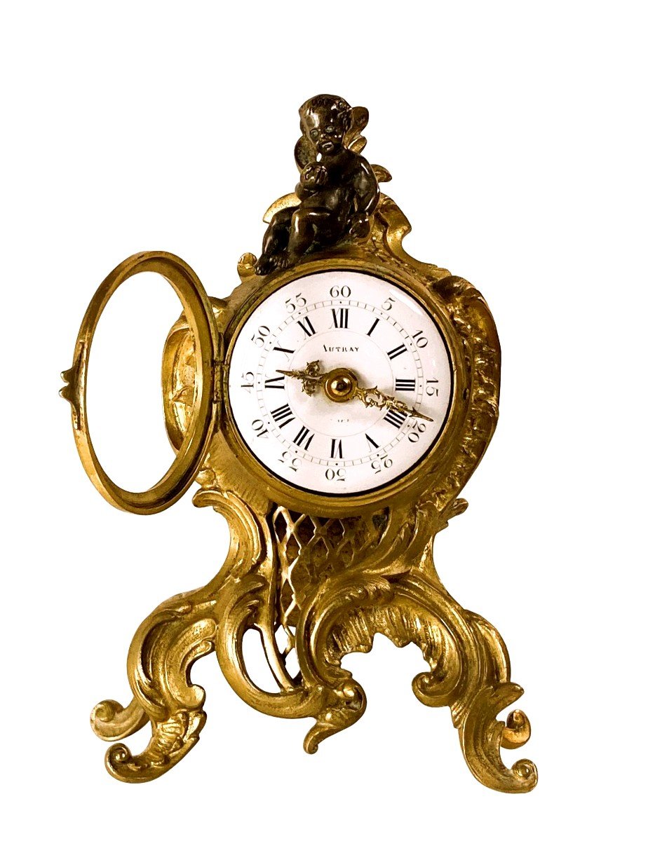 Pendule miniature Louis XV en bronze doré et ciselé signée Autray  – XIXe siècle-photo-3