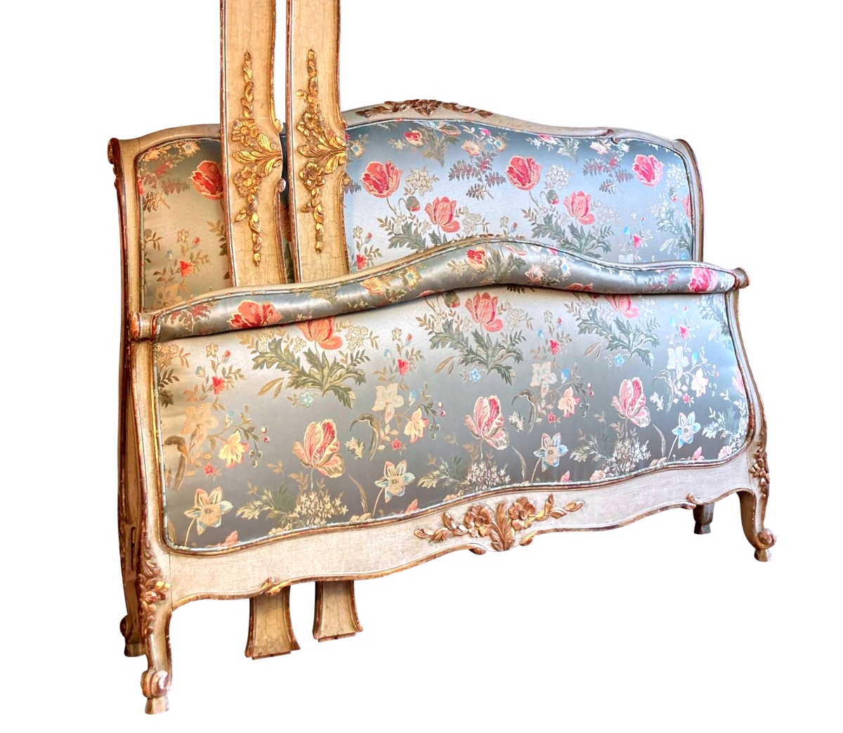 Louis XV Style Double Bed In Grey-green And Gold Lacquered Wood, France, Late 19th Century-photo-1