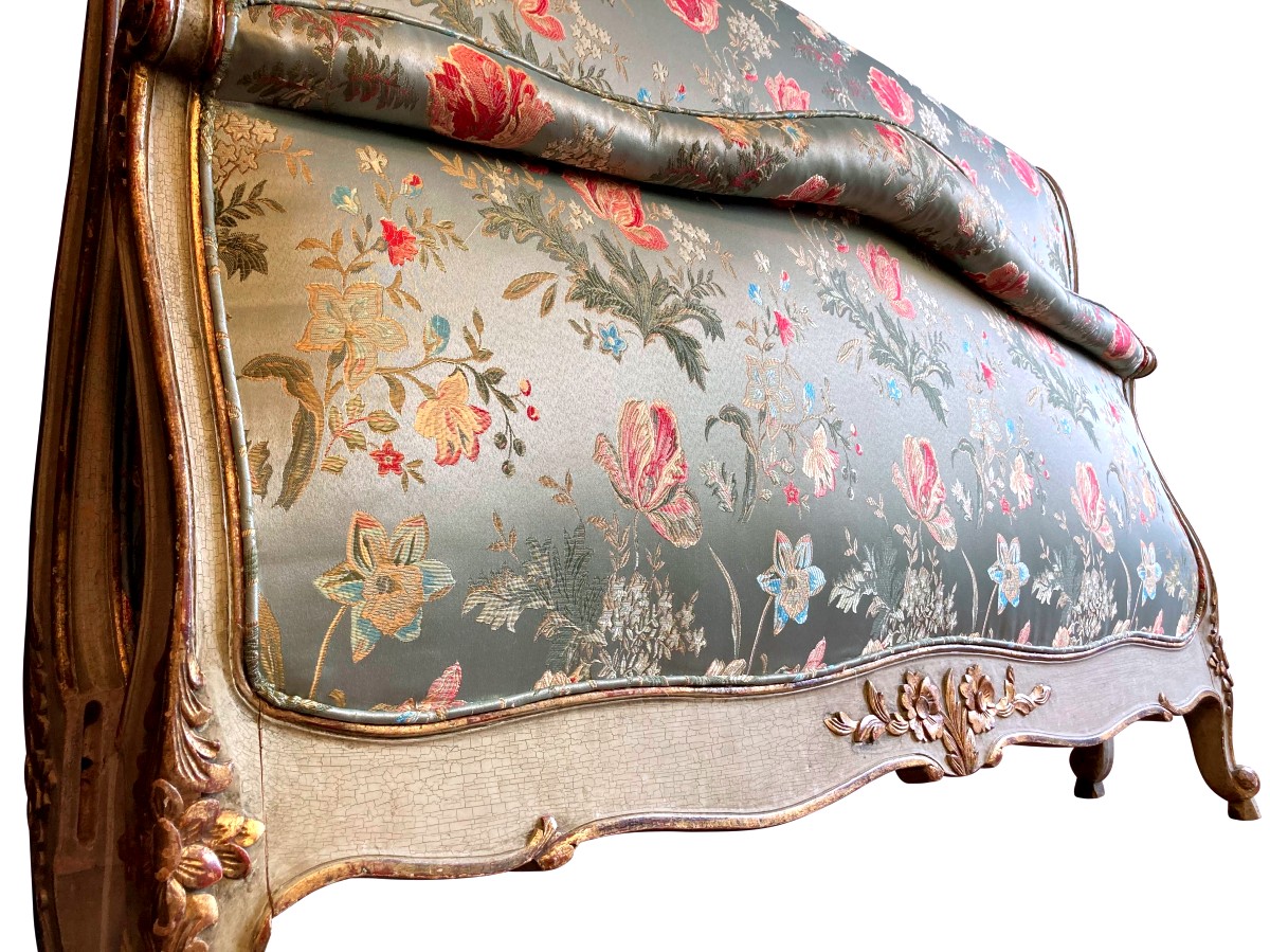 Louis XV Style Double Bed In Grey-green And Gold Lacquered Wood, France, Late 19th Century-photo-3