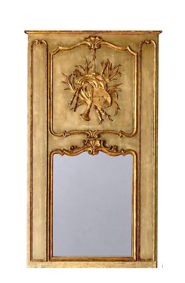 Trumeau de Boiserie Louis XV en Bois Sculpté et Doré à Décor de Trophée Musical XVIIIe siècle-photo-3