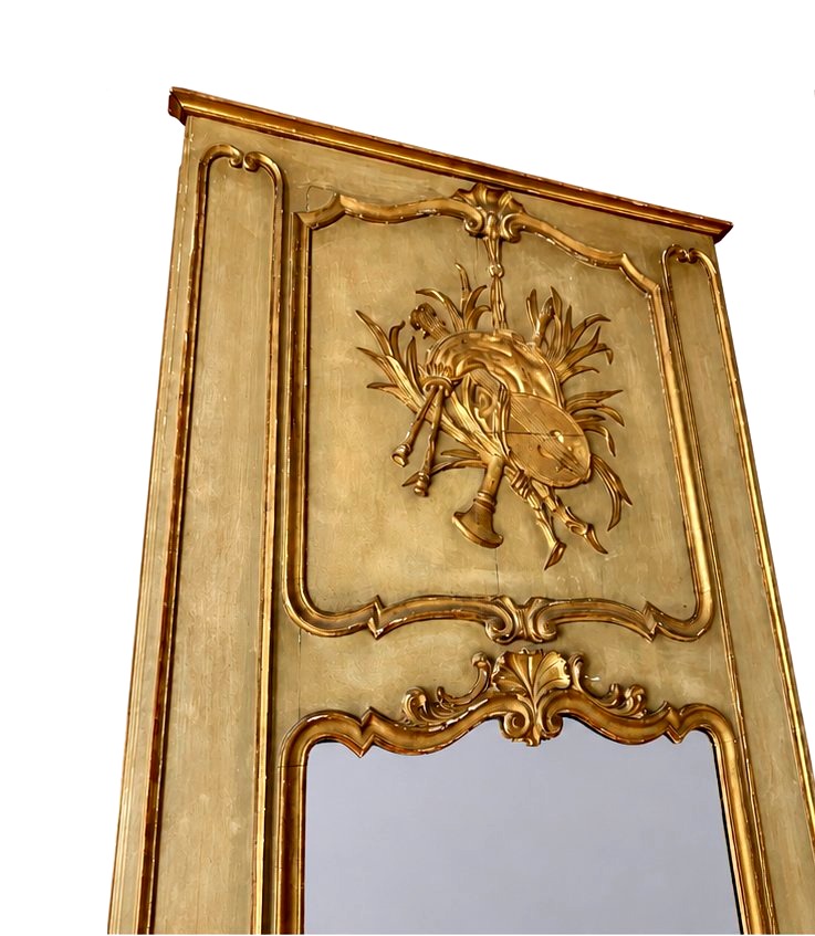 Trumeau de Boiserie Louis XV en Bois Sculpté et Doré à Décor de Trophée Musical XVIIIe siècle-photo-4