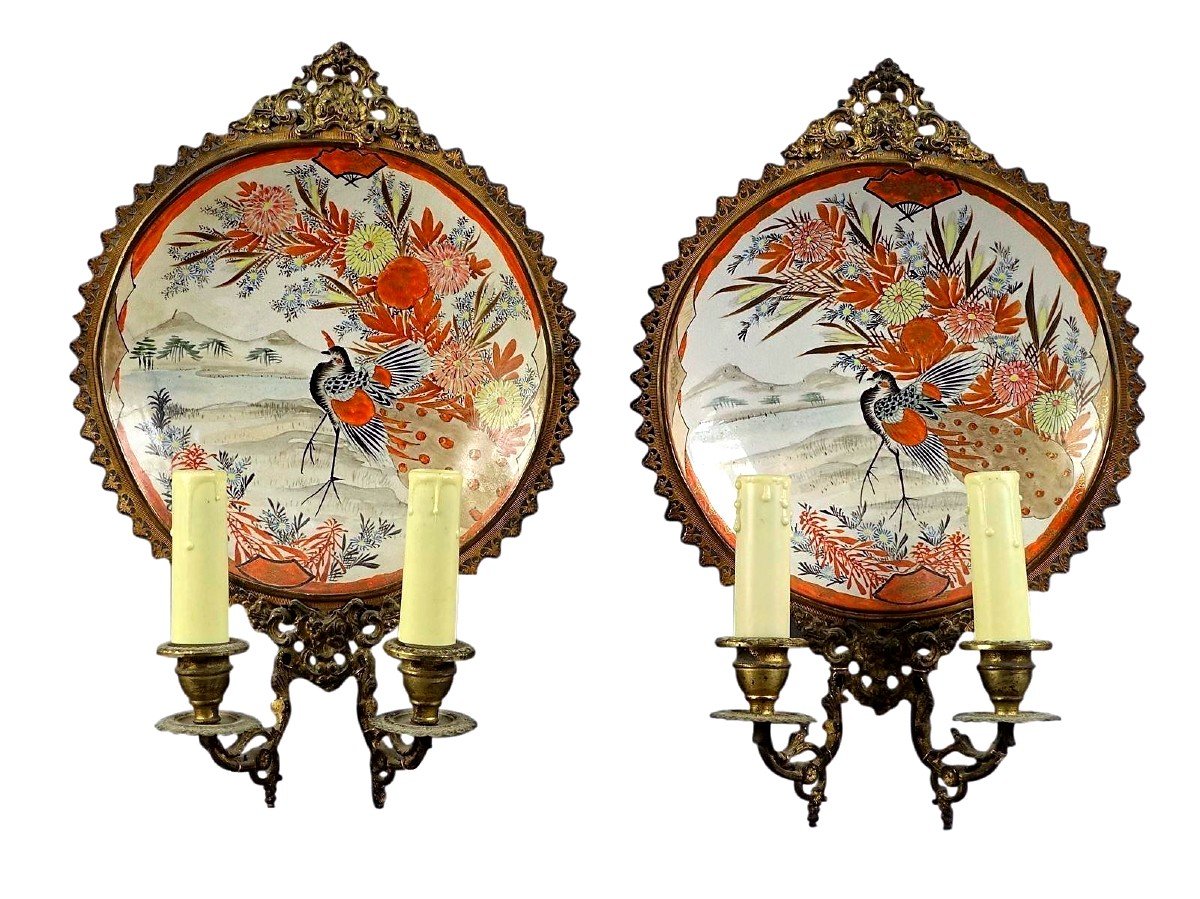 Pair Of Porcelain Sconces From Japan Meiji Period Kutani