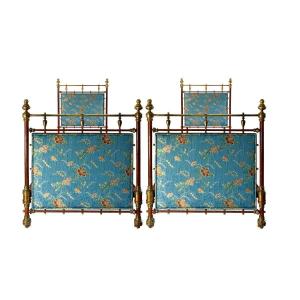 Pair Of Napoleon III Brass Beds And Silk Lampas