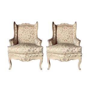 Pair Of Louis XV Period Confessional Armchairs In Silk Lampas