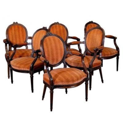 Suite De Six Fauteuils Louis XVI à Dossier Médaillon XVIIIe Siècle