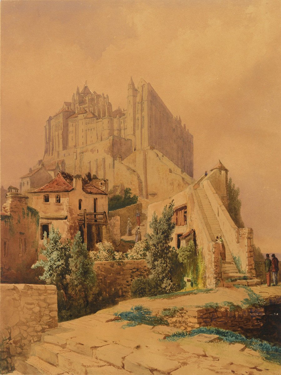 View Of Mont Saint-michel Original Watercolor C1830 Signed Girard, Before Restoration Work