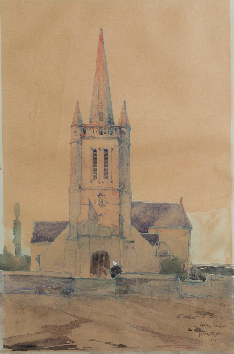 Georges Lefort Dessin original aquarelle 1900 Cavan église Saint-chéron Côtes-d'Armor