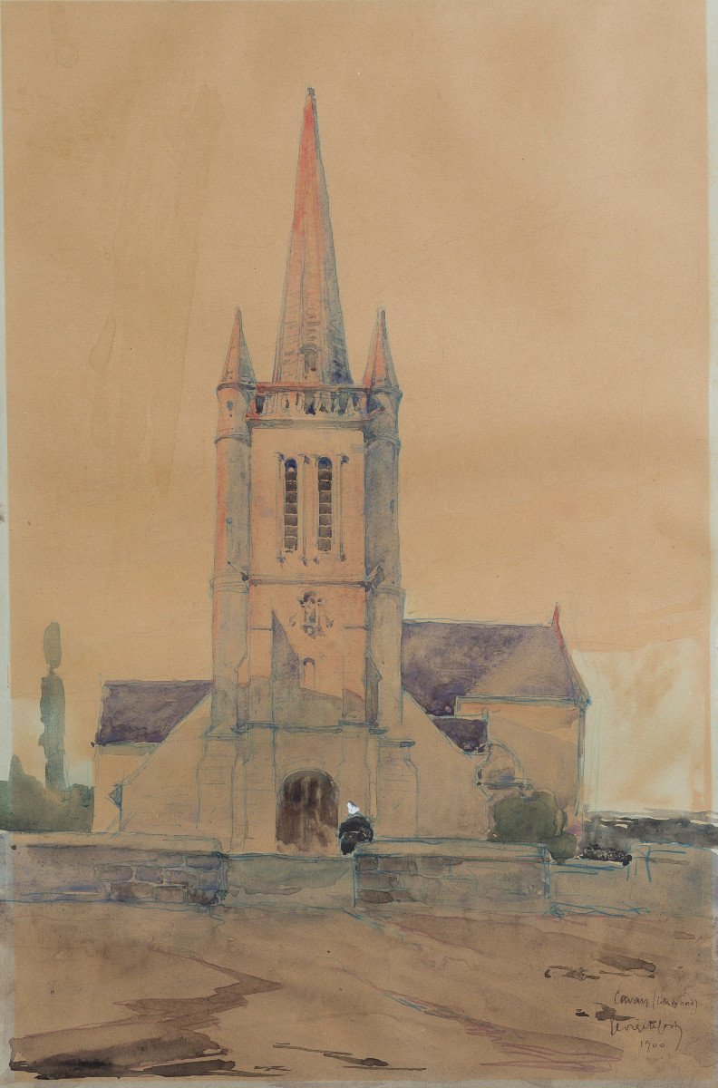 Georges Lefort Original Watercolor Drawing 1900 Cavan Saint-chéron Church Côtes-d'armor