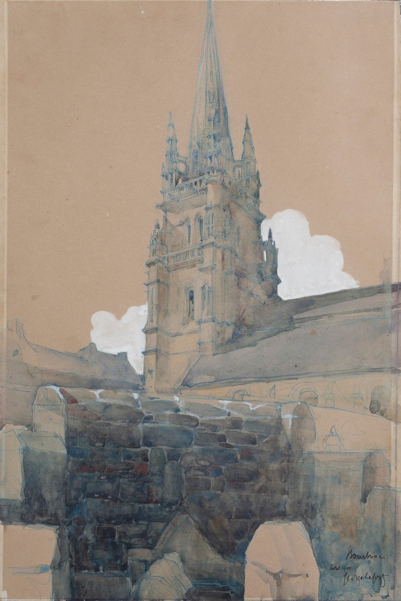 Georges Lefort Dessin original aquarelle 1900 Église Saint-Briac de Bourbriac  Côtes-d'Armor