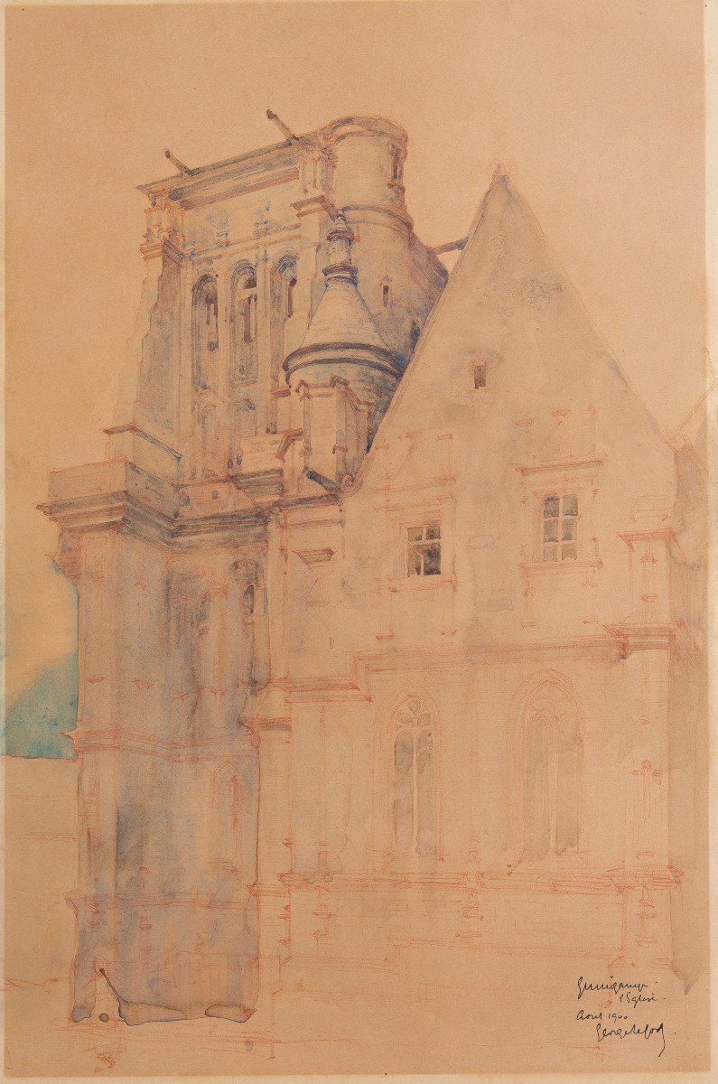 Georges Lefort Dessin original aquarelle 1900 Guingamp Église Notre-Dame de Bon-Secours