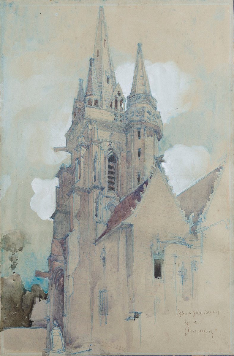 Georges Lefort Dessin original aquarelle 1900 Grâces Église Notre-Dame Bretagne Côtes-d'Armor