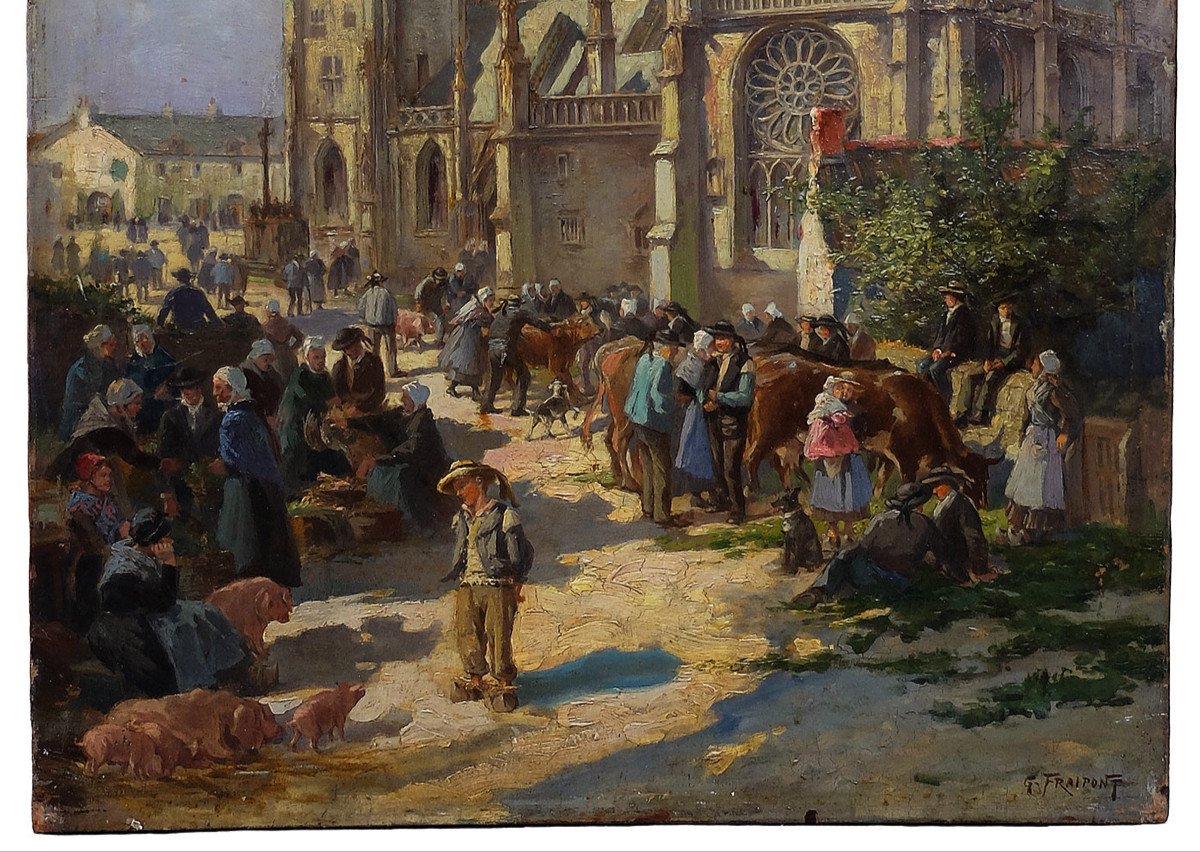 Gustave Fraipont Original Painting Signed C1902 Market Basilica Of Our Lady Of Folgoët Finistère-photo-3