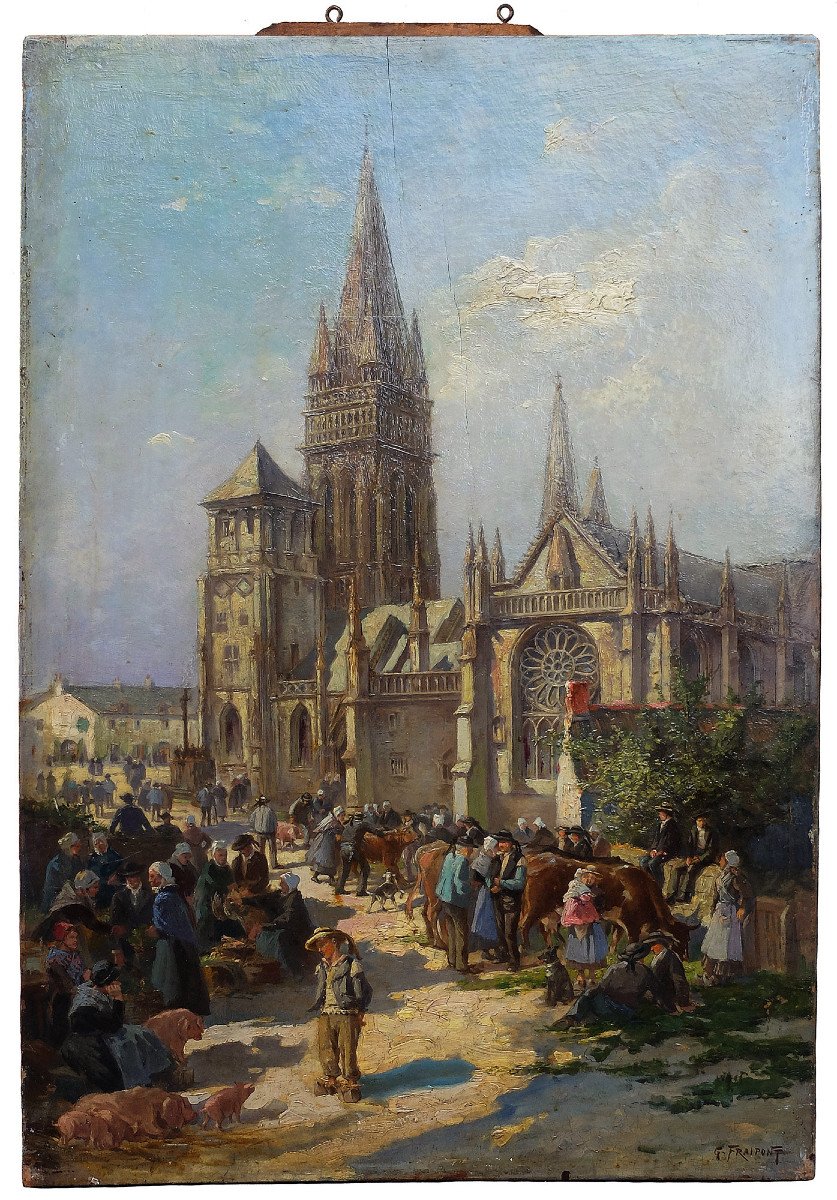 Gustave Fraipont Original Painting Signed C1902 Market Basilica Of Our Lady Of Folgoët Finistère