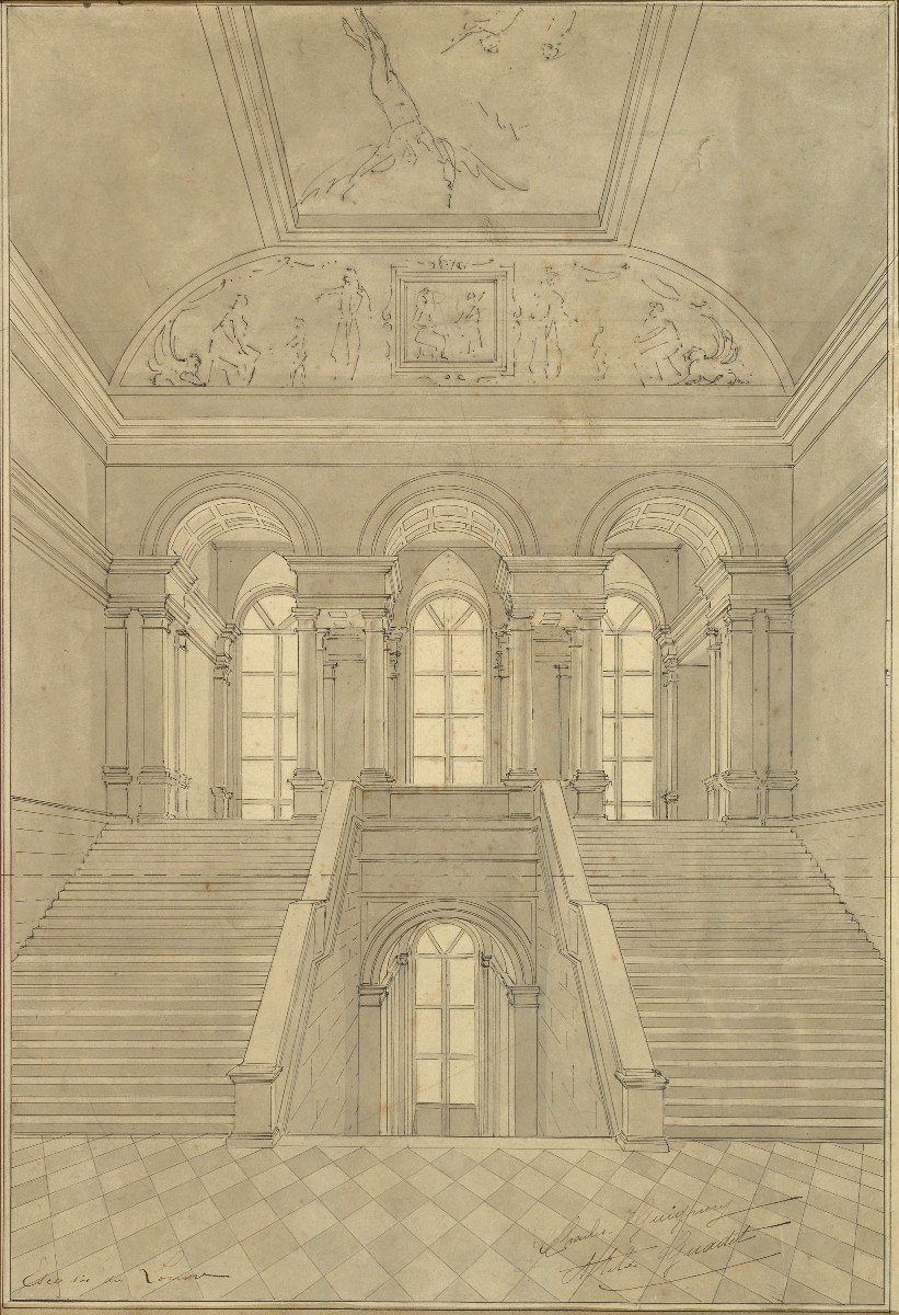 Le grand escalier du Louvre, dessin de Charles Guignery, escalier royal de Percier et Fontaine