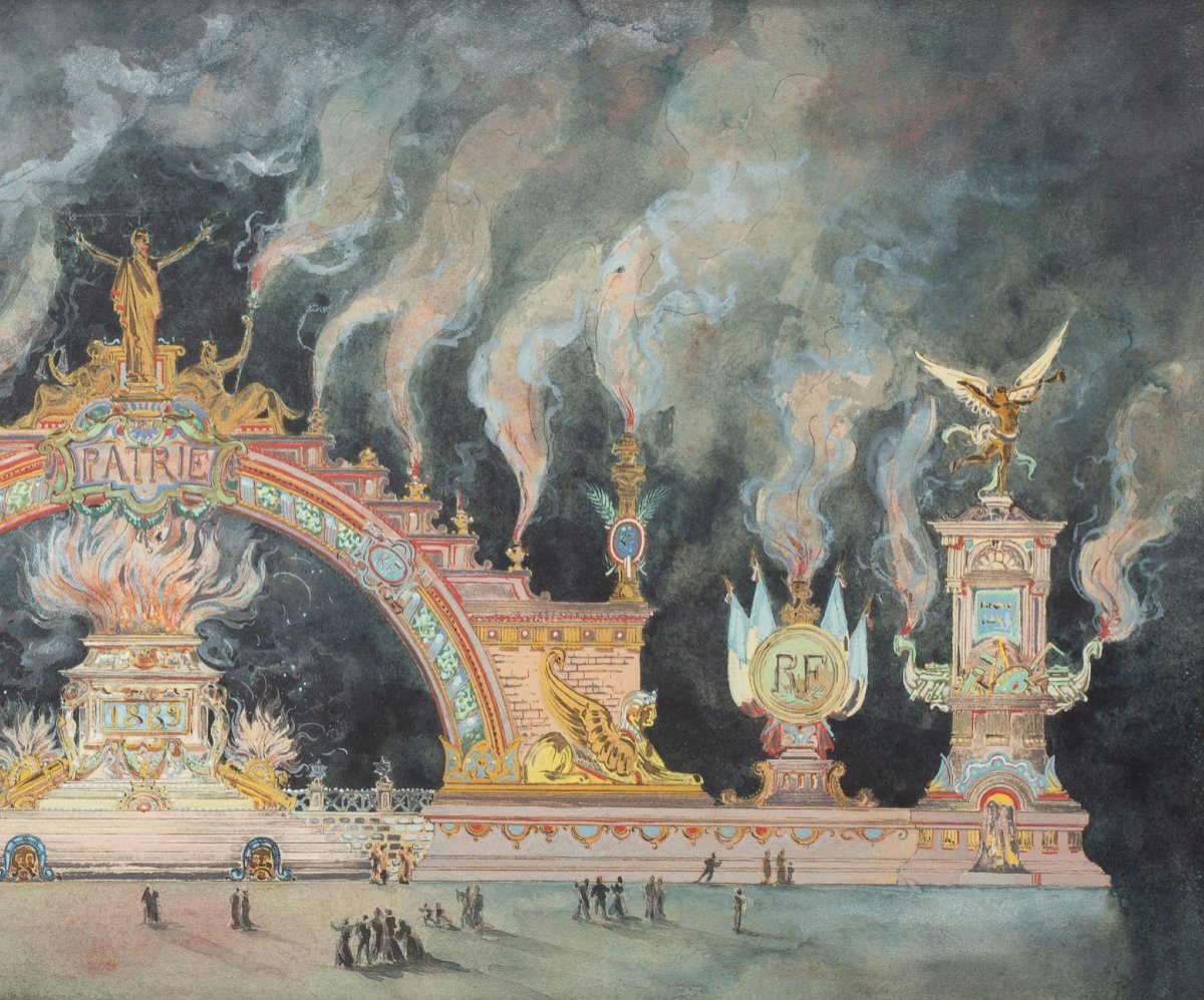 Feux d'Artifice à Paris Le 14 Juillet 1889 Dessin Aquarelle Et Gouache-photo-4