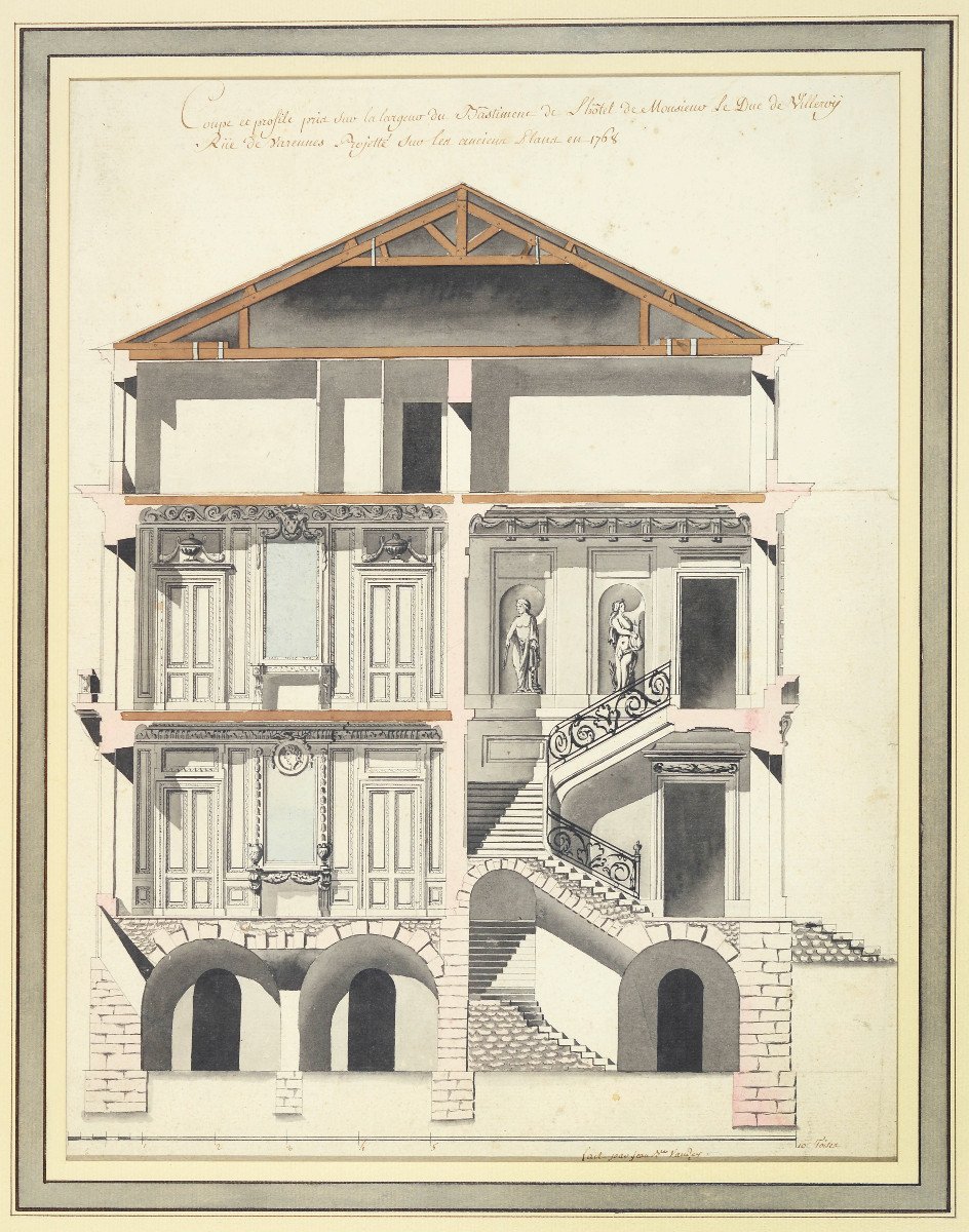 Hôtel De Monsieur Le Duc De Villeroy, Paris Rue De Varenne, Three Framed Drawings 1768-photo-3
