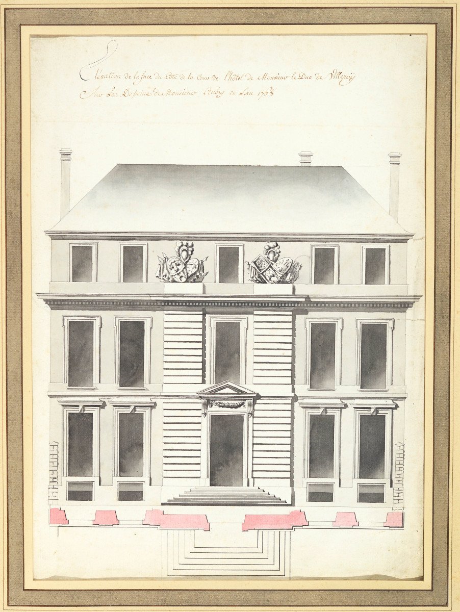 Hôtel De Monsieur Le Duc De Villeroy, Paris Rue De Varenne, Three Framed Drawings 1768