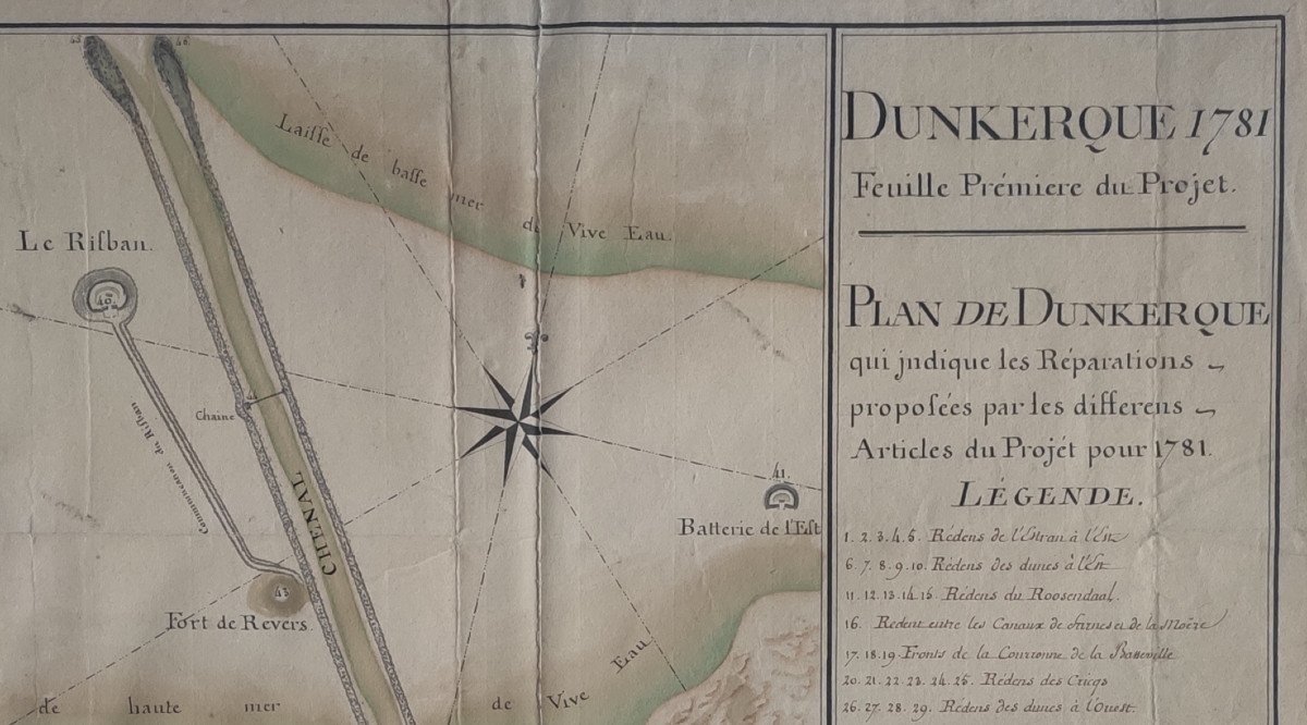 Old Handwritten Map 18th Century Dunkirk 1781 North Fortifications-photo-3