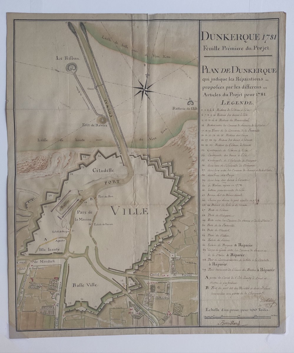 Old Handwritten Map 18th Century Dunkirk 1781 North Fortifications