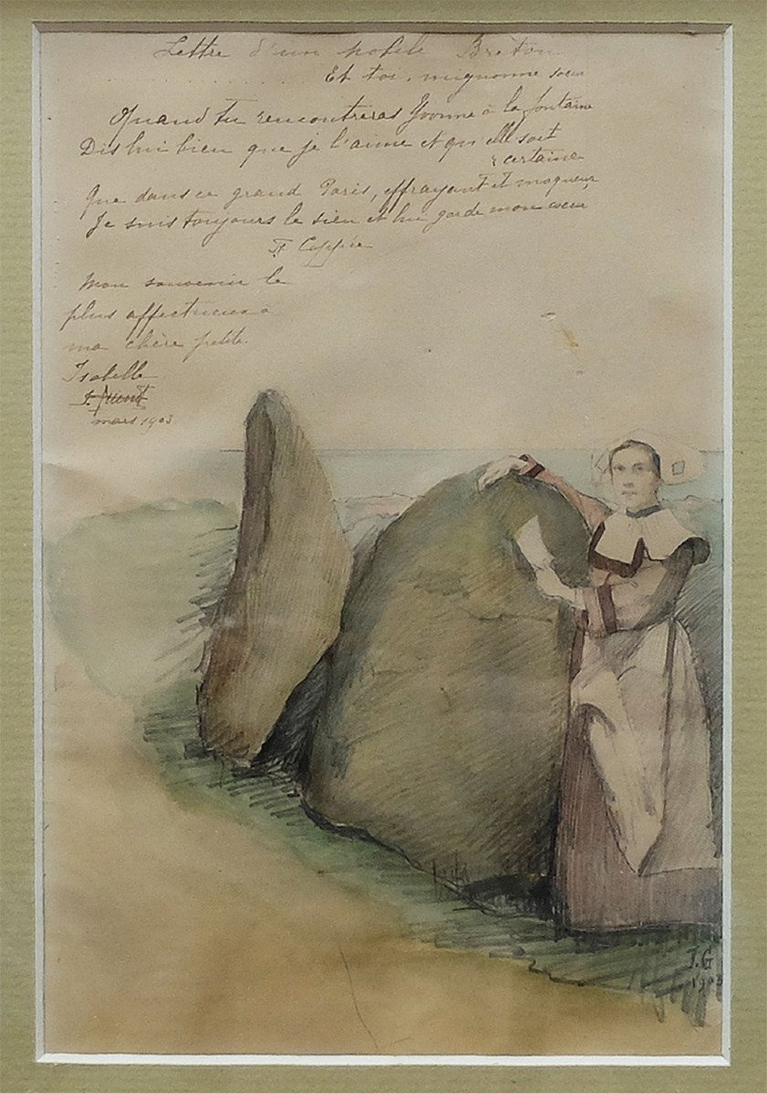 Framed Drawing Bretonne Aux Rochers: Letter From A Breton Mobile 1903 François Coppée J. Guinot-photo-2