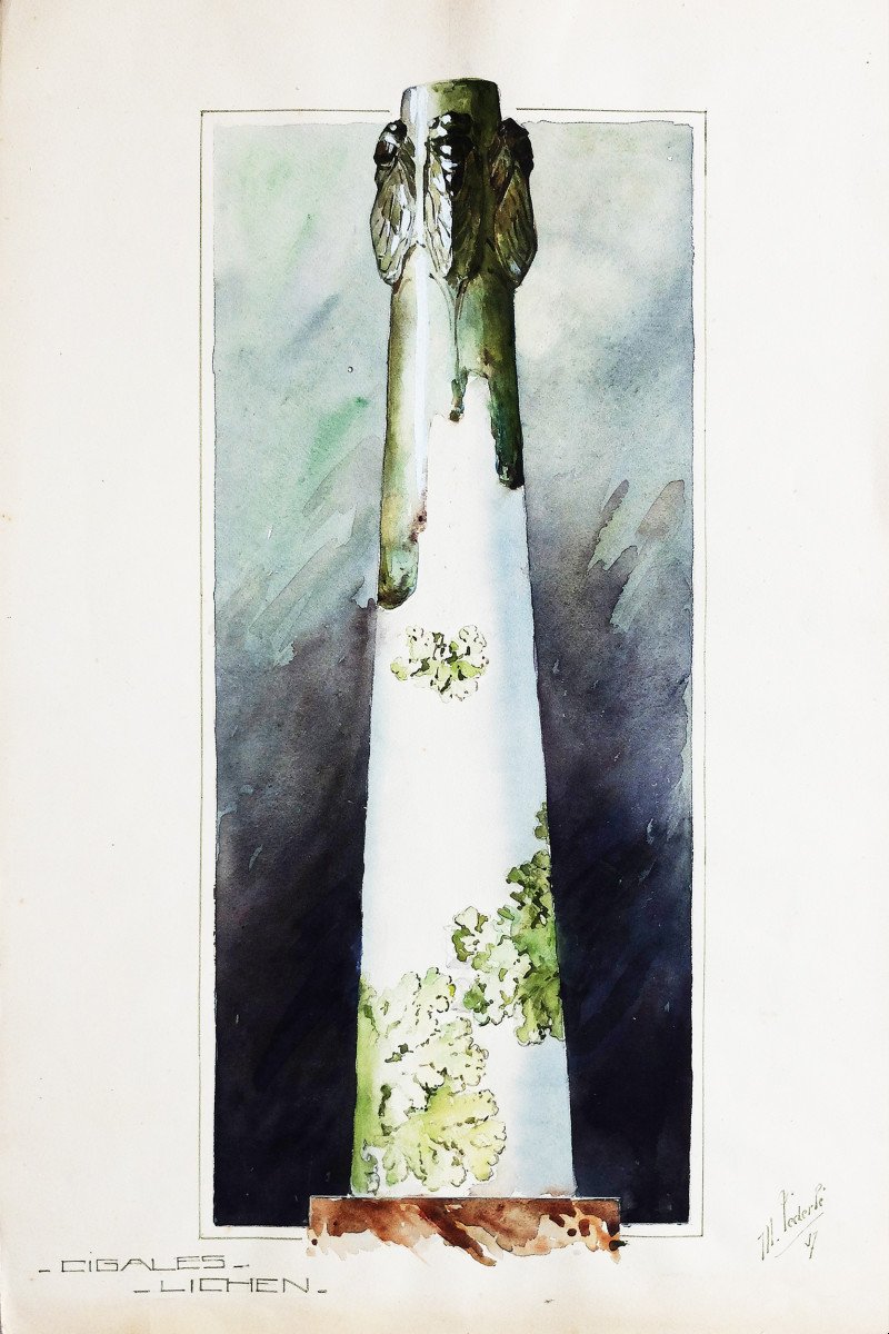 Maurice Lederlé Original Drawing Watercolor 1907 Vase With Cicadas And Lichen Fine Arts From Rennes