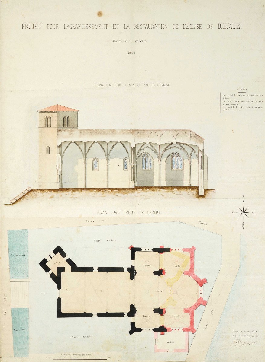 Léo Barge, Projet pour l’agrandissement et la restauration de l’église de Diémoz, 1854, Isère.