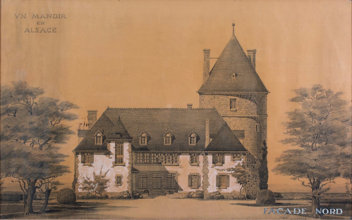 Jacques Schulé Original Architectural Drawing: A Manor In Alsace, North Facade C.1920-1930