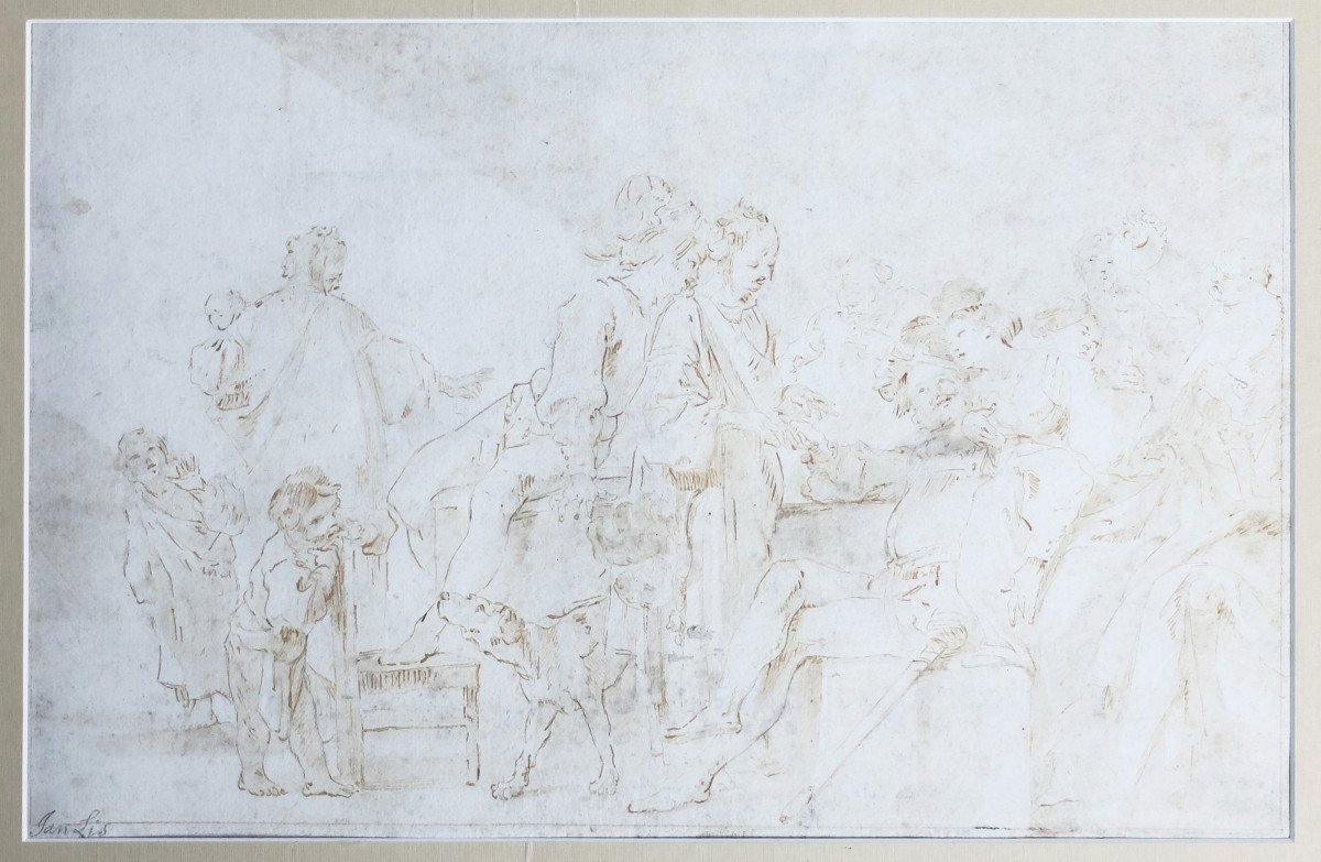 Original Drawing 17th Century: Fête Galante, Attributed To Jan Lis, Johann Liss, Baroque Painter
