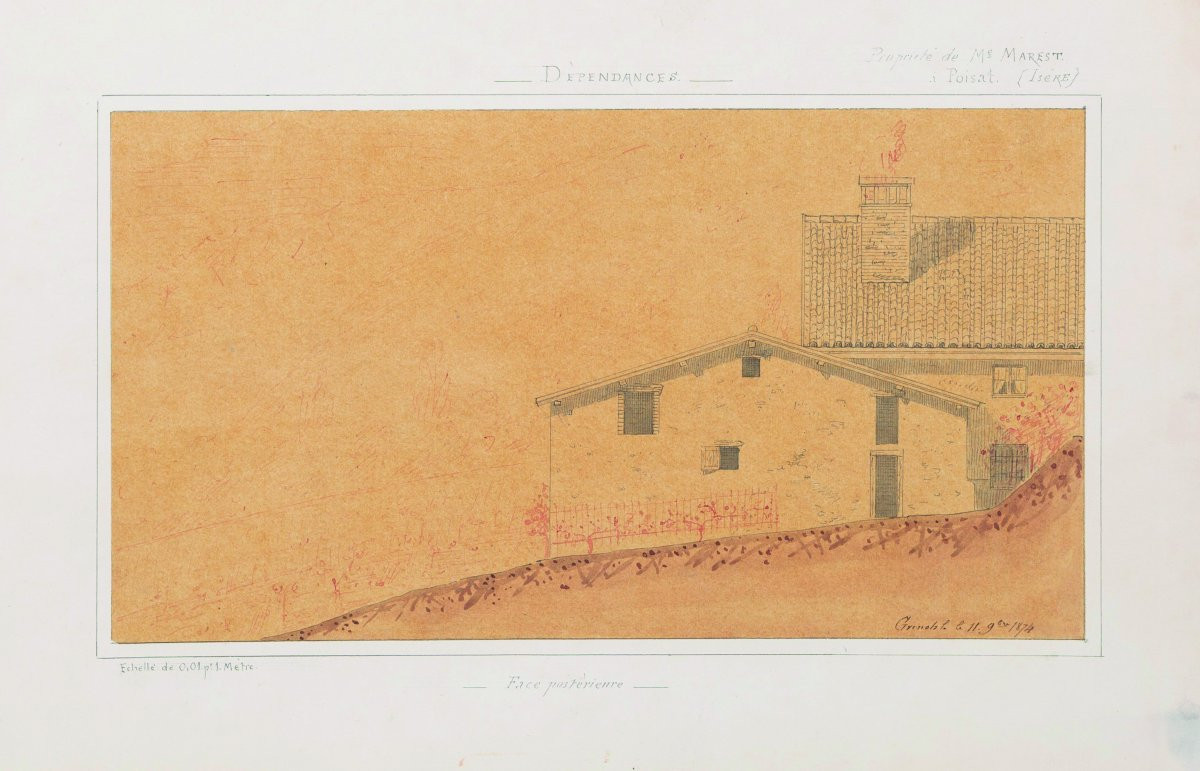 Property Of Mr. Marest In Poisat, Isère 4 Architectural Drawings, 1874 Elevation, Sections, Plans-photo-2