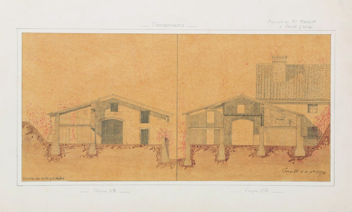 Property Of Mr. Marest In Poisat, Isère 4 Architectural Drawings, 1874 Elevation, Sections, Plans-photo-3