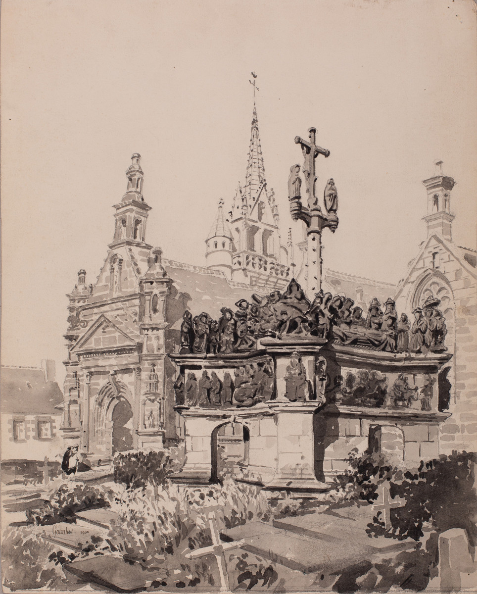 Calvaire De Guimiliau, Finistère. Deux Dessins Lavis 1900 – Enclos Paroissial, église, Ossuaire