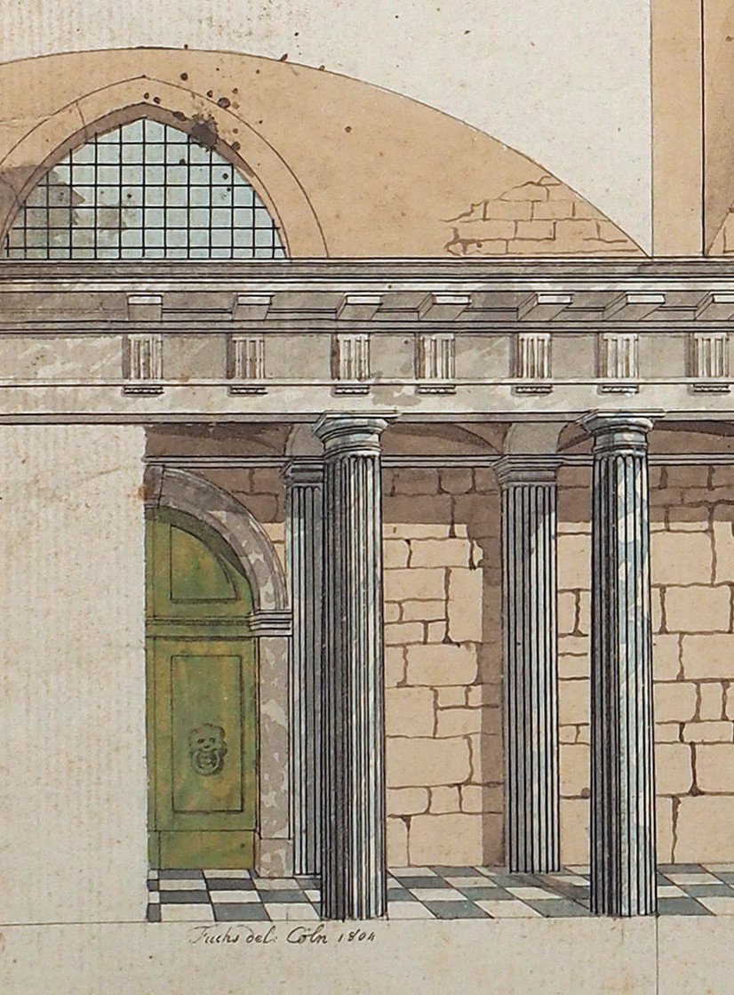 Dessin d'architecture allemand Coupe d'une église ou d'un temple 1804 Signé Fuchs Cöln Cologne-photo-2