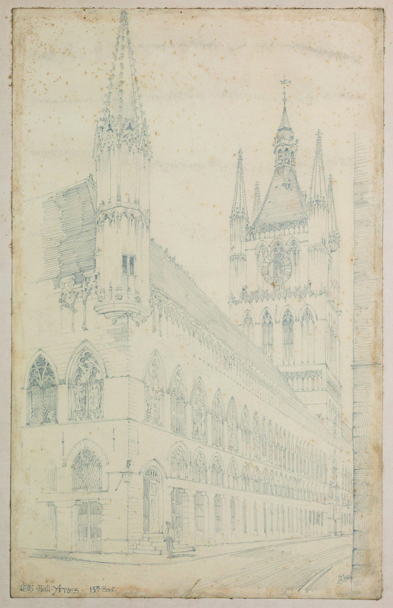 James Swan (1864-1940). St. Martin's Cathedral, Ypres, Belgium. A Drawing. (1895).