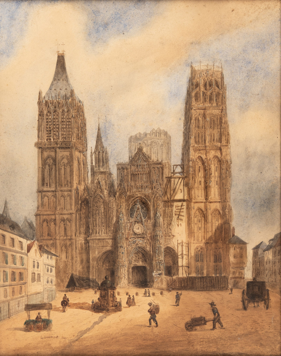 G. Duwarnet. Animated View Of The Forecourt Of Rouen Cathedral During The Works. 1841. -photo-2