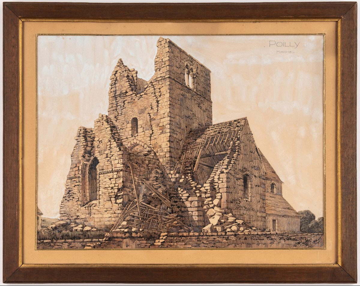 Vue de l'église paroissiale romane Saint-Rémi de Poilly en ruines (Marne) après la Guerre, 1919-photo-2