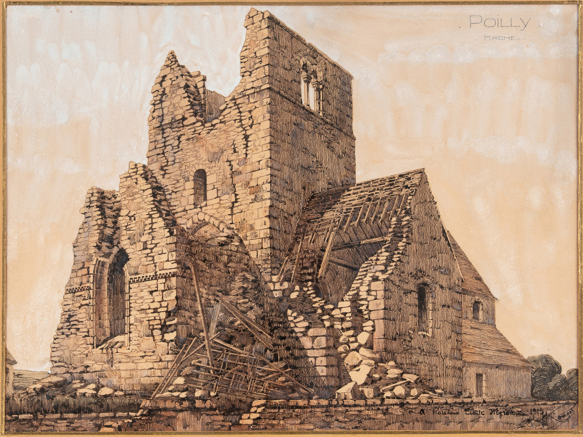 Vue de l'église paroissiale romane Saint-Rémi de Poilly en ruines (Marne) après la Guerre, 1919