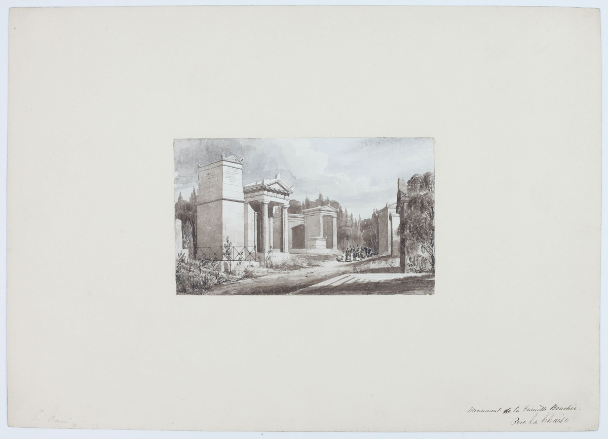 Joseph Nash. Monument de la Famille Bouchée au Père Lachaise. Aquarelle originale. Vers 1830. 