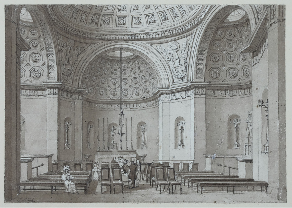 Joseph Nash. Chapelle expiatoire de Louis XVI (intérieur). Aquarelle originale. Vers 1830. -photo-2