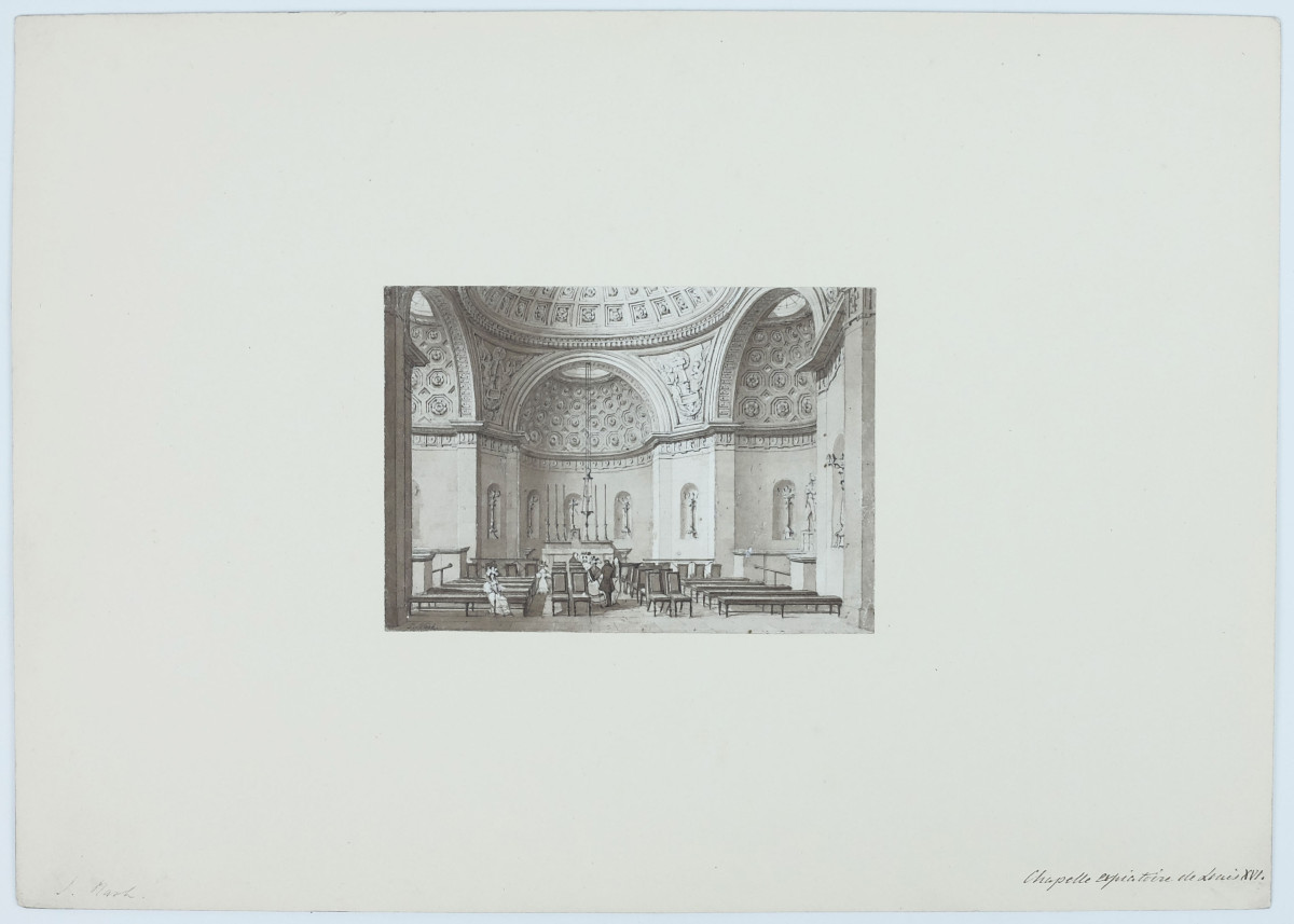 Joseph Nash. Chapelle expiatoire de Louis XVI (intérieur). Aquarelle originale. Vers 1830. 